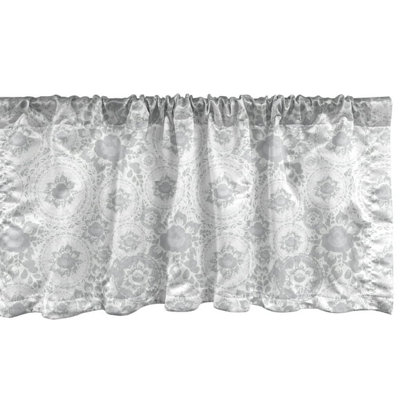 Ambesonne Grey Window Valance, Shabby Form Medieval Slavic Monochrome Rose Petals Florets Fragrance Work of Art, Curtain Valance for Kitchen Bedroom Decor with Rod Pocket, 54" X 18", White