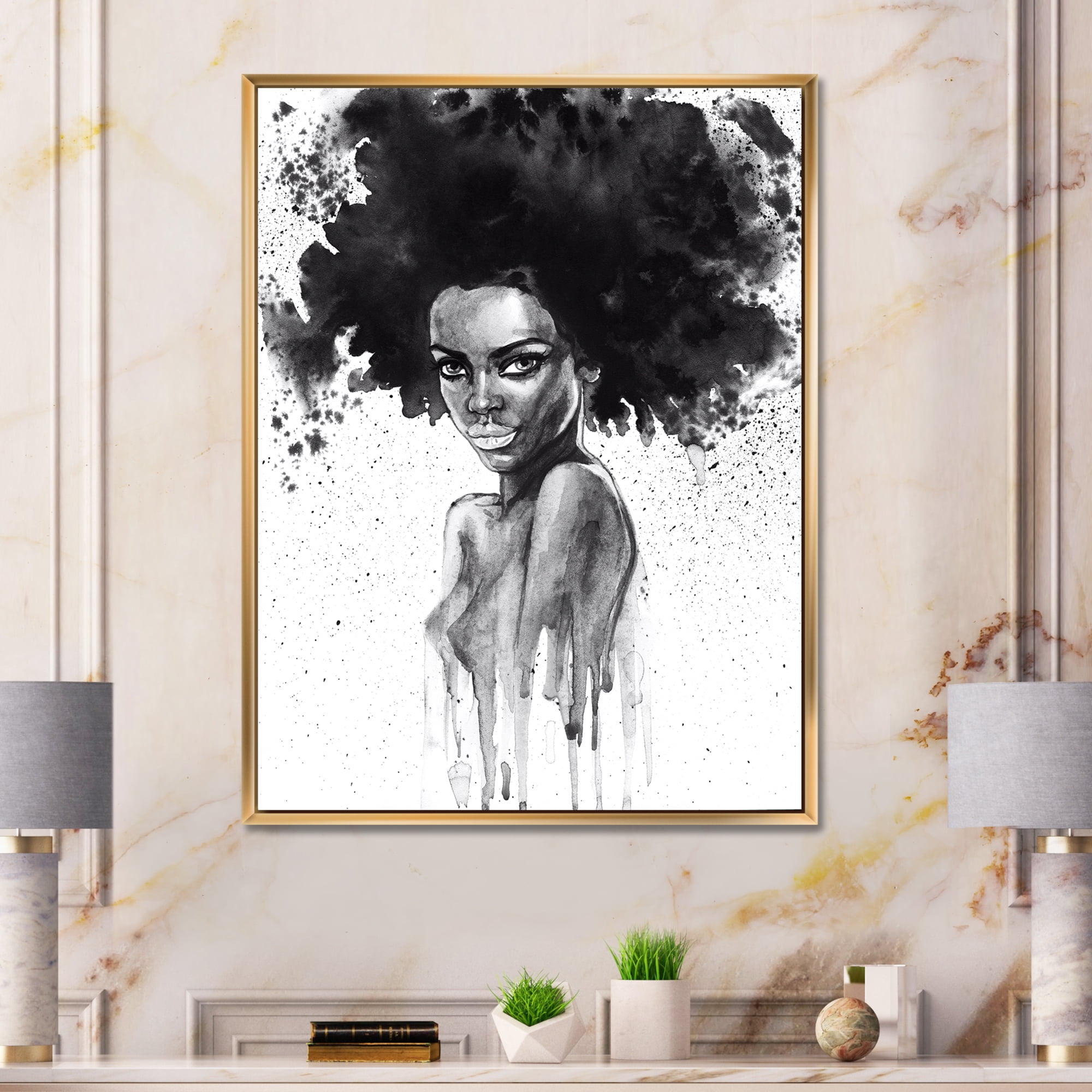 Designart 'Black and White Portrait of African American Woman III' Modern Framed Canvas Wall Art Print