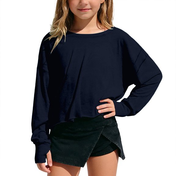 CUZIBR Girls Youth Shirts Loose Fit Long Sleeve Cropped Top Solid Color Oversized Crewneck Casual Blouse Backless Summer Basic Breathable Cozy Lightweight Tee Blouse,Navy,13-14 Years