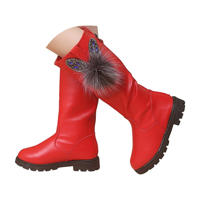 Dakaela Girls Knee High Boots Leather Zipper Bowknot Winter Shoes Low Chunky Heel Combat Riding Boot 3-12Y