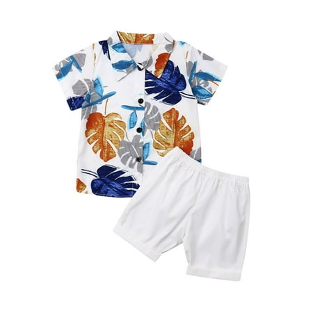 

Gwiyeopda Toddler Baby Boys Clothes Hawaii Print Shirt Solid Color Short Pants Outfit 2pcs Set