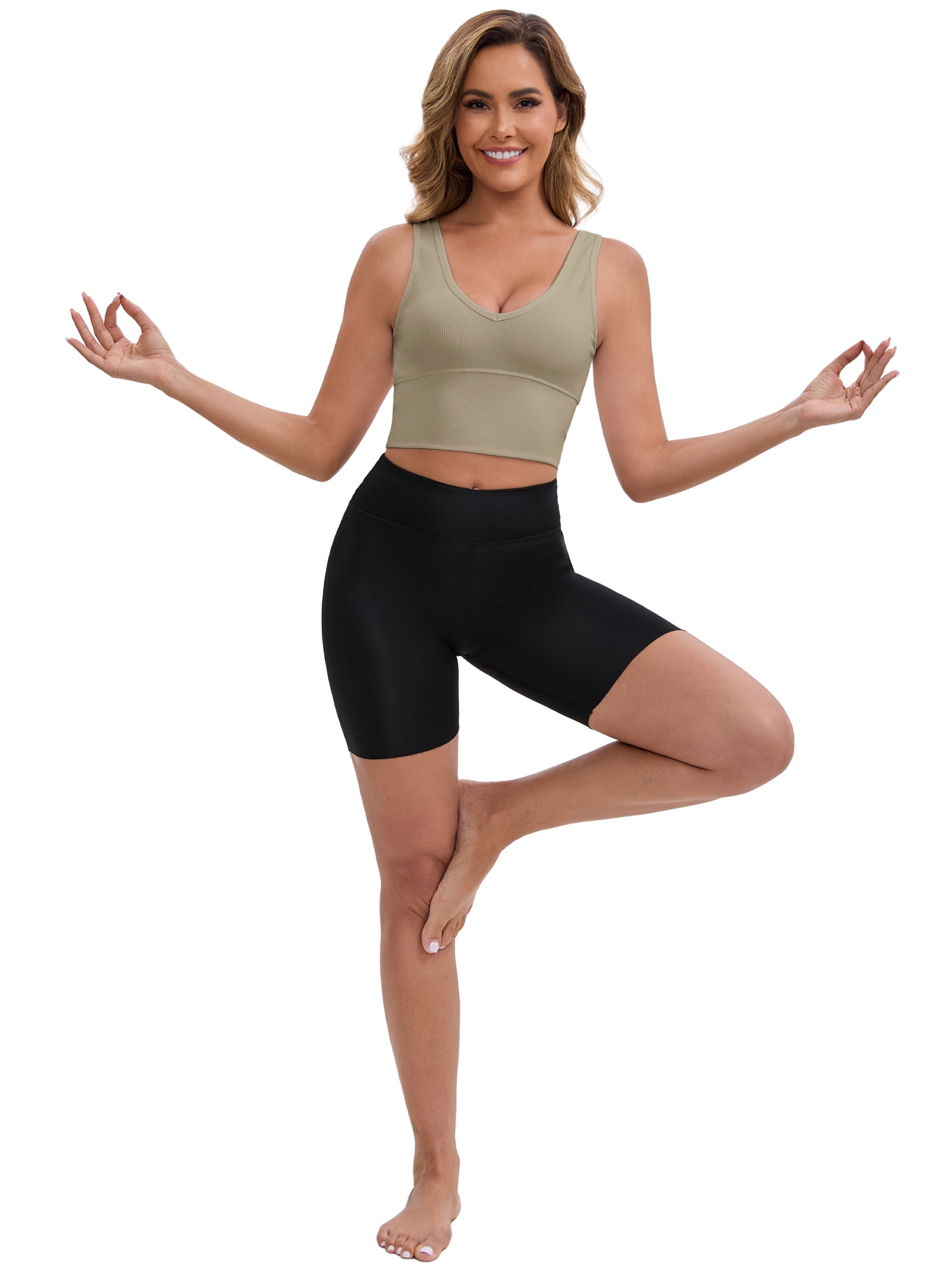 DARING DIVA Ribbed Sports Longline Push Up Crop Wide Strap Bras M Khaki