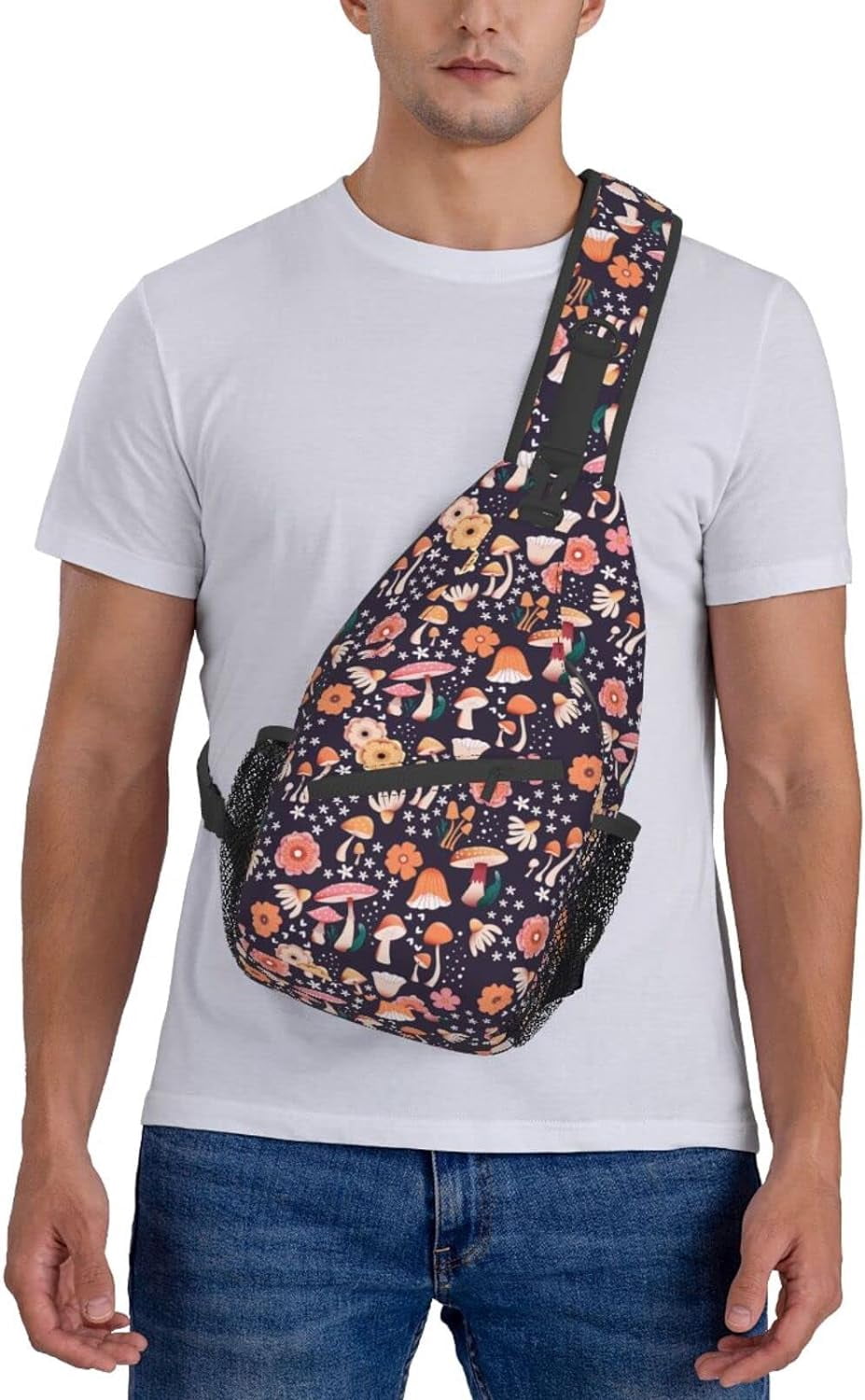 Cute Mushroom with Flower Sling Bag Crossbody Hiking Travel Chest Bags Backpack Shoulder Daypack for Women Men