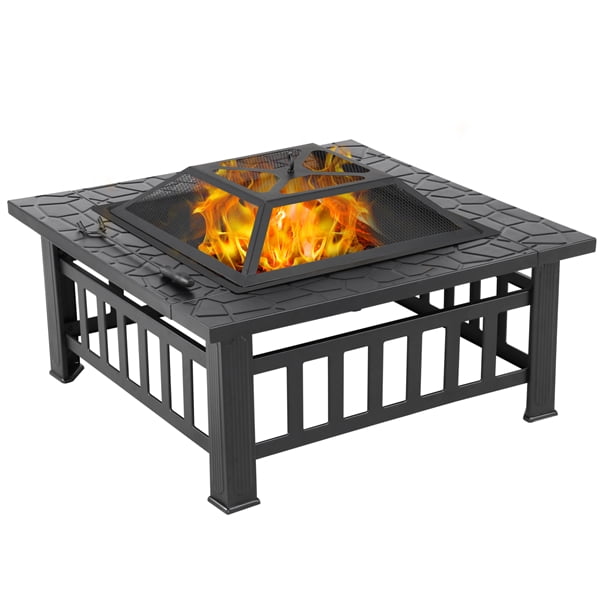 Easyfashion Outdoor 32 Square Metal Fire Pit With Cover And Poker Black Walmart Com Walmart Com