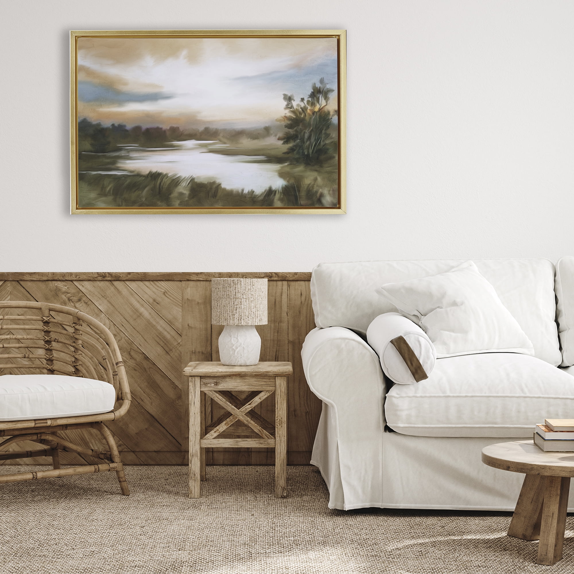 Stupell Industries Sunset Pond Countryside Gold Framed Floater Canvas Wall Art, design by Kim Allen