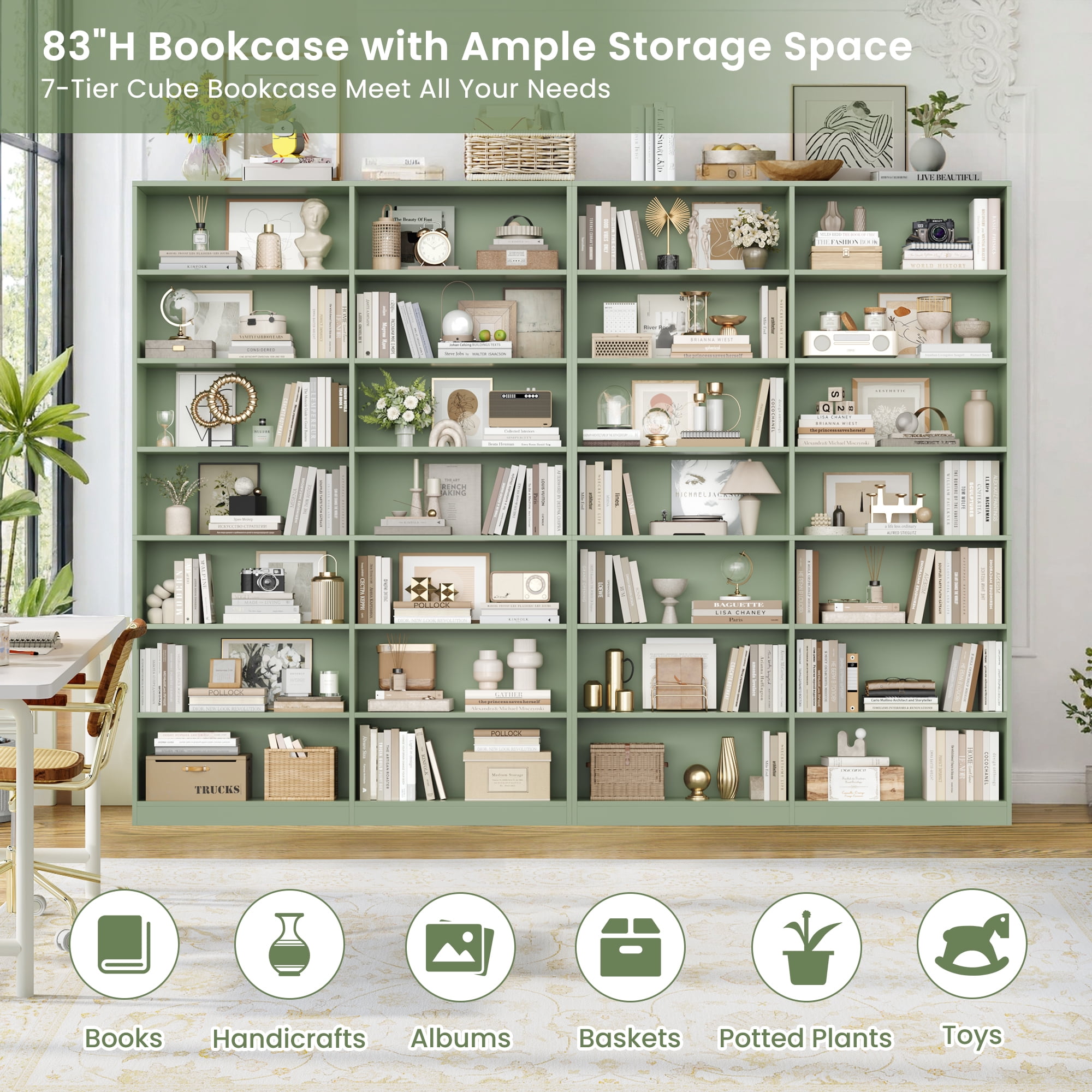 Hiphuta 84" Tall Double Wide 7-Tier Bookcase with 14 Cubes, Large Open Bookcase for Home Office and Living Room, Freestanding Display Book Shelves, Green
