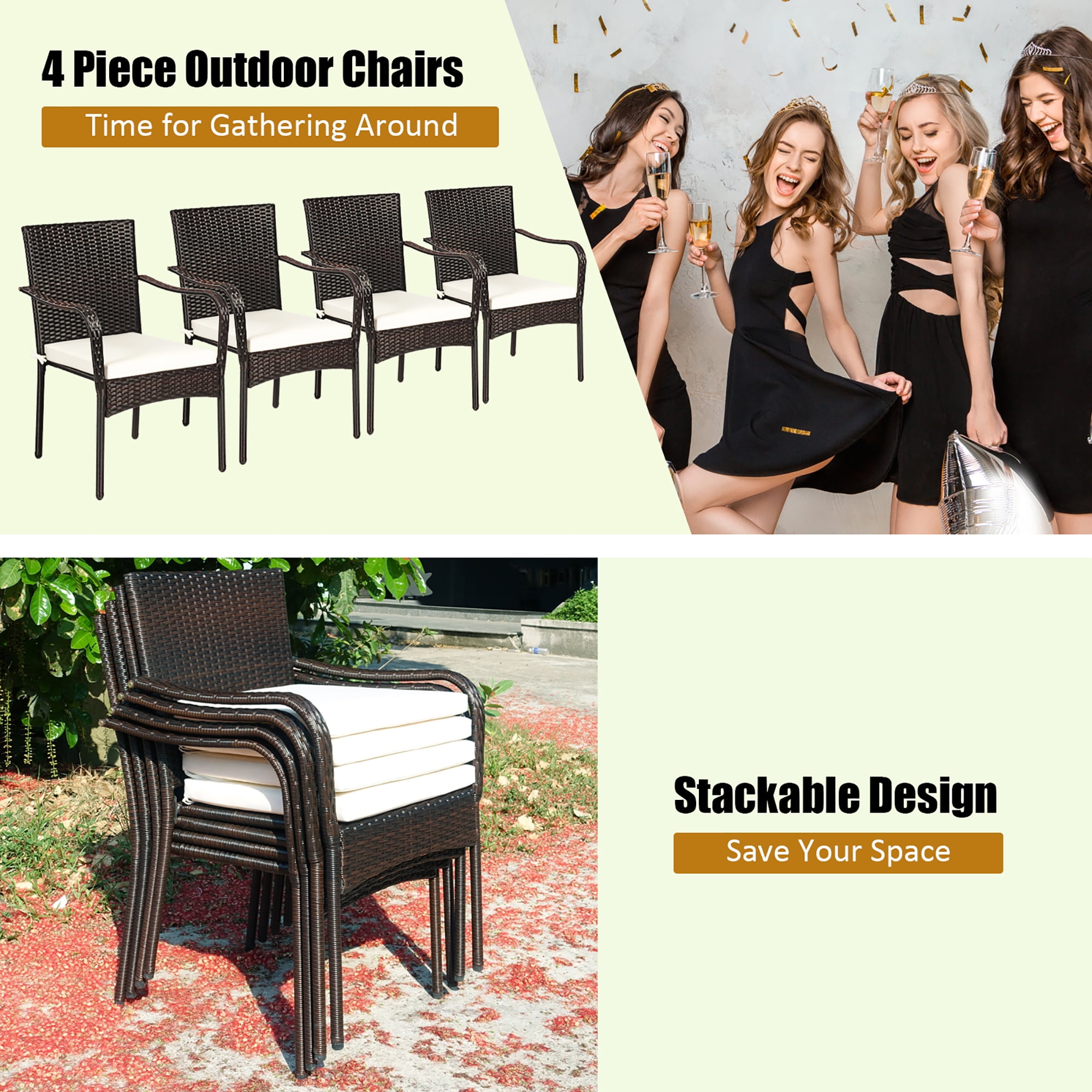Costway Set of 4 Patio Rattan Dining Chair Stackable Cushioned Armrest Garden
