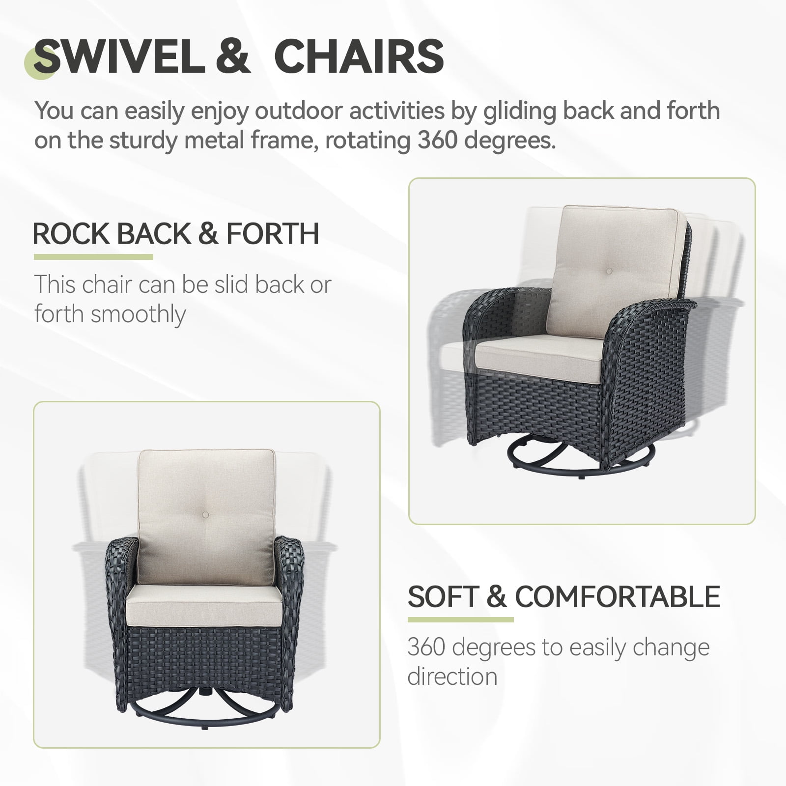 Planntonneo 3 Piece Wicker Patio Furniture Sets, Outdoor Swivel Rocking Chairs Set of 2 with Rattan Side Table for Deck Porch Pool, Black/Beige