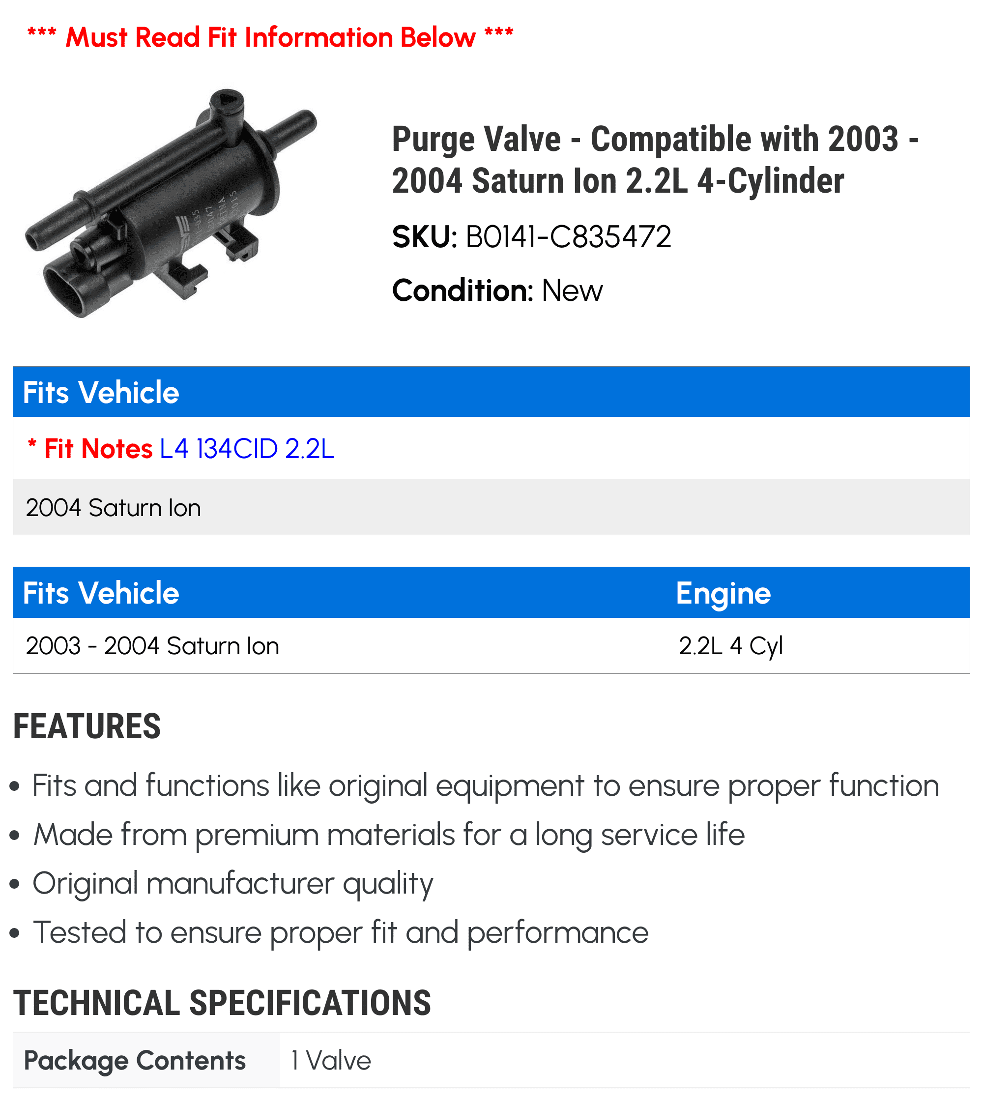 Purge Valve - Compatible with 2003 - 2004 Saturn Ion 2.2L 4-Cylinder