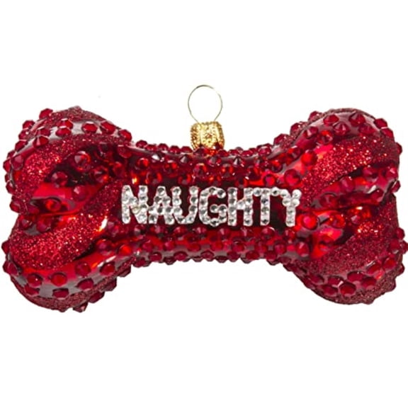 Red Naughty Or Nice Dog Bone Polish Glass Christmas Tree Ornament Made In Poland