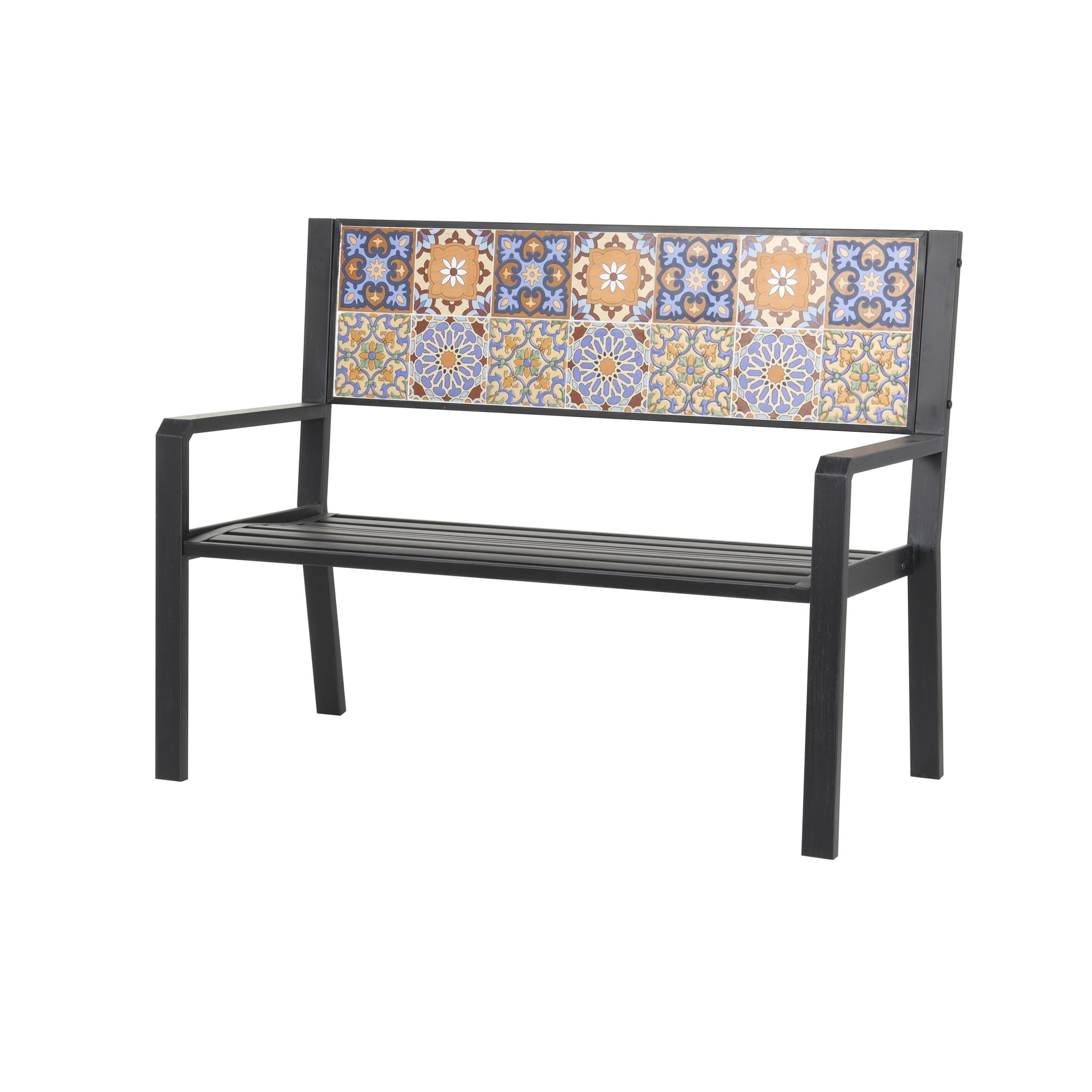 DecMode Metal Floral Scroll Mosaic Outdoor Bench with Orange and Blue Patterns, Black