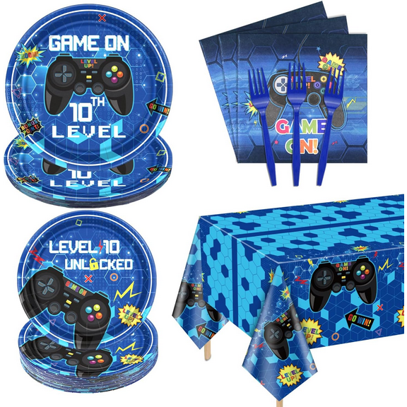10th Birthday Decorations for Boys, 81 Pcs Level 10 Video Game Party Decorations, Including Video Game Plates Napkins Tablecloth Forks for Gamer Birthday Party, Serves 20, Blue