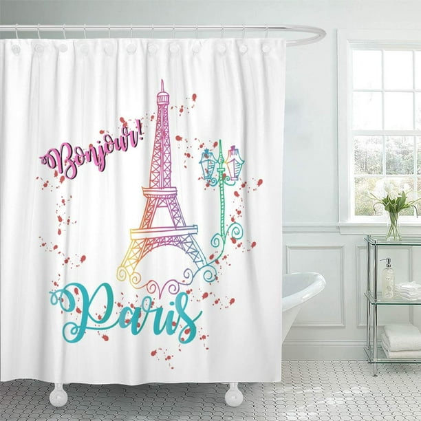 Pknmt Eiffel Graphic With E Bonjour, Paris Themed Bathroom Shower Curtain