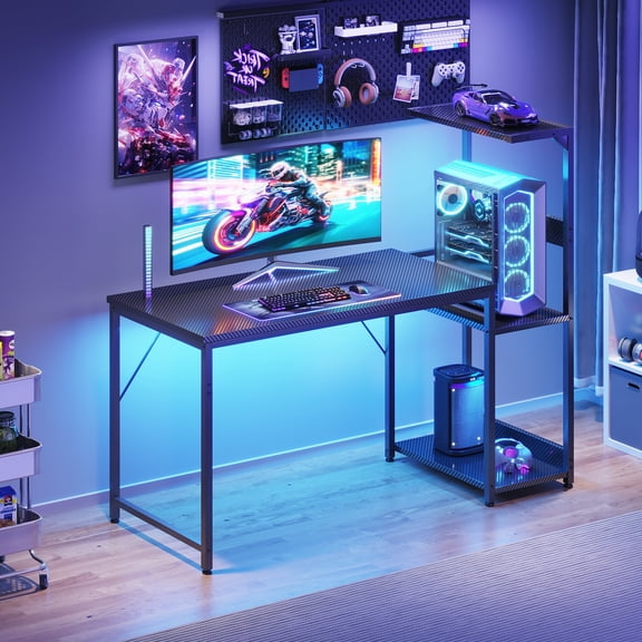 Casacomoda 48" Gaming Desk with LED Lights, Computer Desk with Shelf & PC Stand, Reversible Display Shelf, Carbon Fiber Black