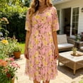 thumbnail image 2 of Vestido Impreso Plisado de Gasa con Cuello en V de las Mujeres, Casual de Manga Corta de Moda, Ligero Suave Y Fluido para Uso Diario, Fiestas, Vacaciones, 2 of 7