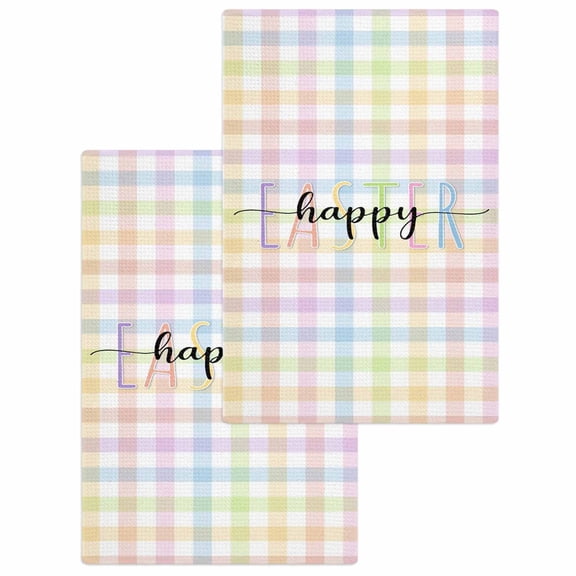 Easter Kitchen Dish Towels for Drying Dishes Set of 2, Colorful Checkered Plaid Spring Gingham Textured Waffle Weave Microfiber Hand Tea Bathroom Towels Quick Dry & Absorbent Towel 15.7x23.6