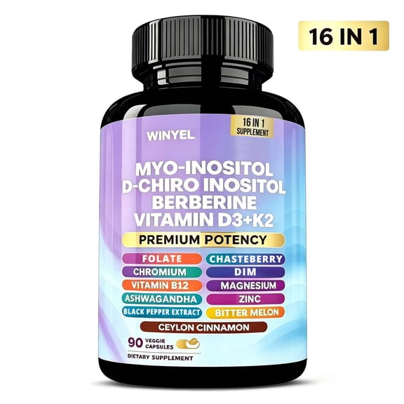 Myo Inositol D-Chiro 40:1 Ratio Capsules, Women PCOS Fertility Hormone Balance Support with Berberine Chasteberry DIM Vitamin D3 K2, 90 Vegan Capsules