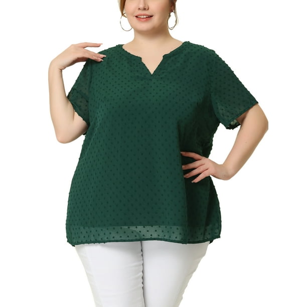 Blude talgrande pamujer Puntos suizos Cuello redondo Blusas lindas básicas Verde Oscuro XXL