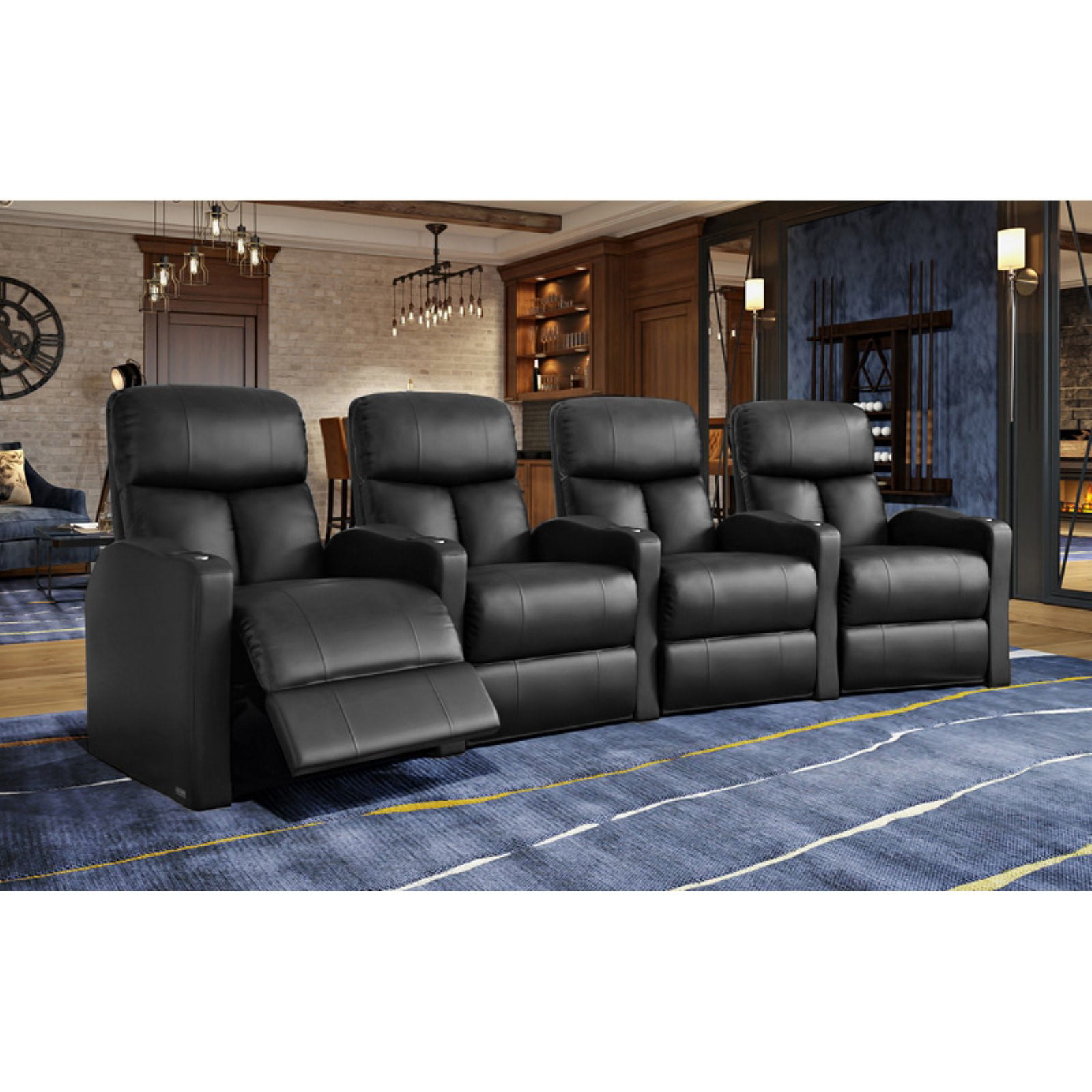 /& Black Swivel Tray Table Seating Bolt XS400 Leather Home Theater Recliner Set Row of 4
