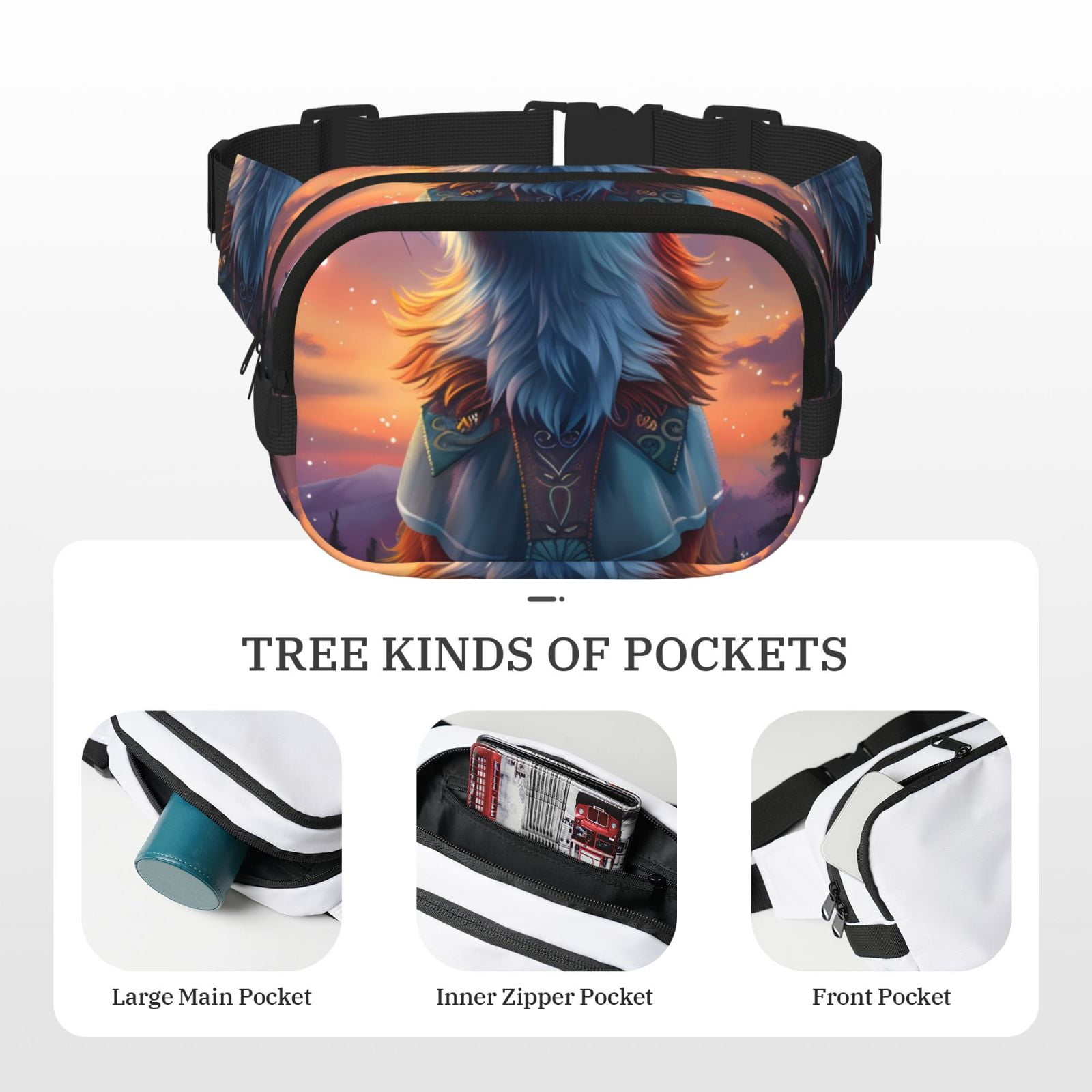 Picia Starry Sky Meditating Fox Print Square Double-Layer Waist Bag Mini Adjustable Waist Belt Bag Exercise Running Travel Hiking