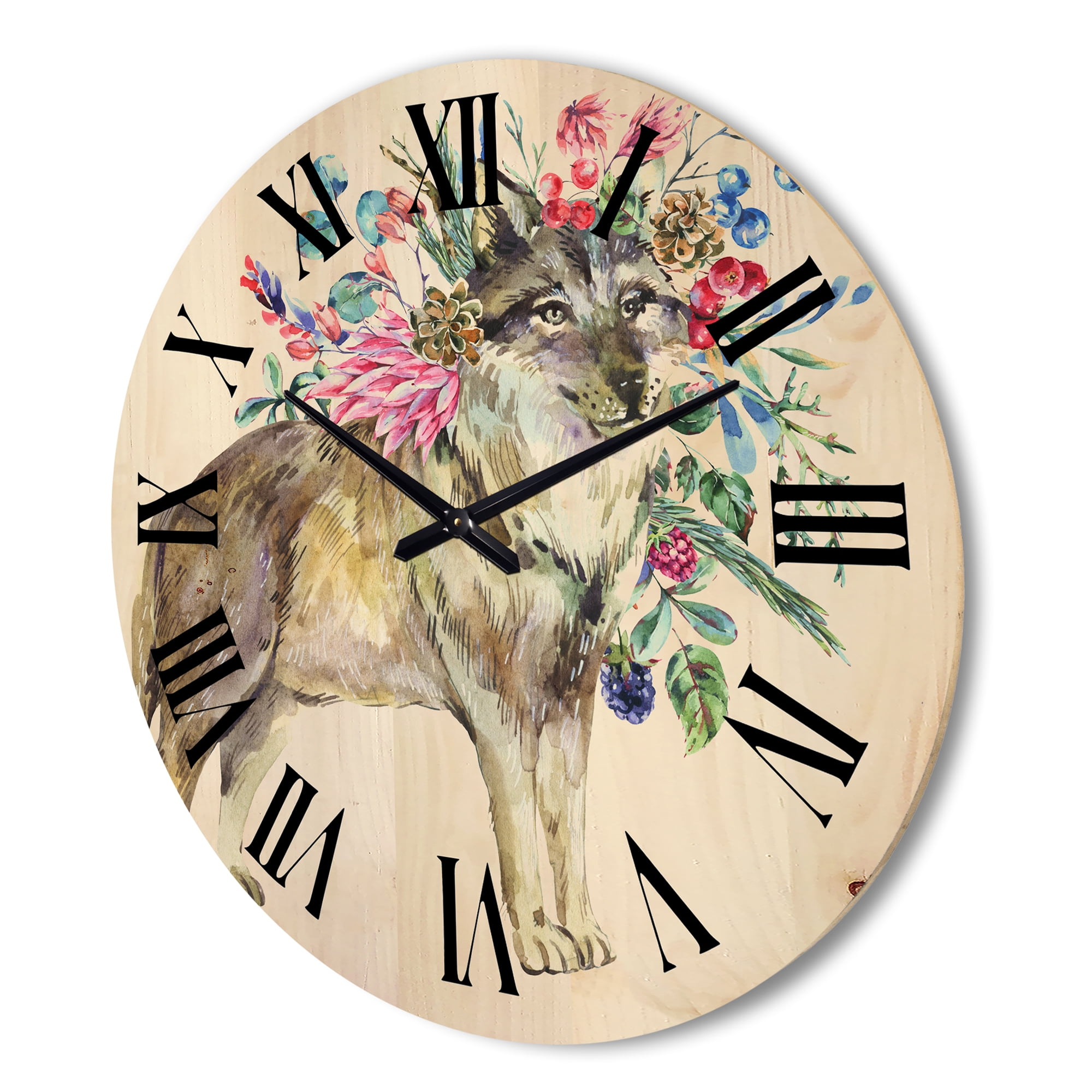 Designart 'Wolf With Woodland Flowers On White' Farmhouse Wood Wall Clock