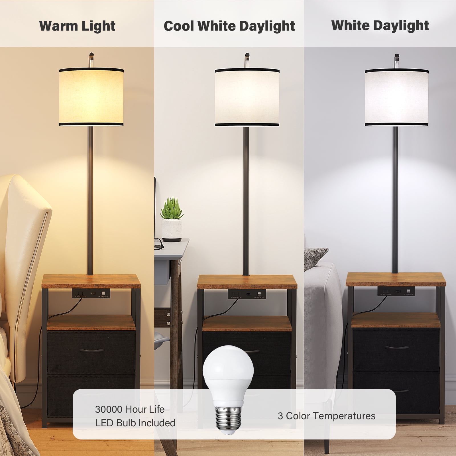 Sunmory 62" Modern USB Ports Walnut Floor Lamp with Fabric Shade