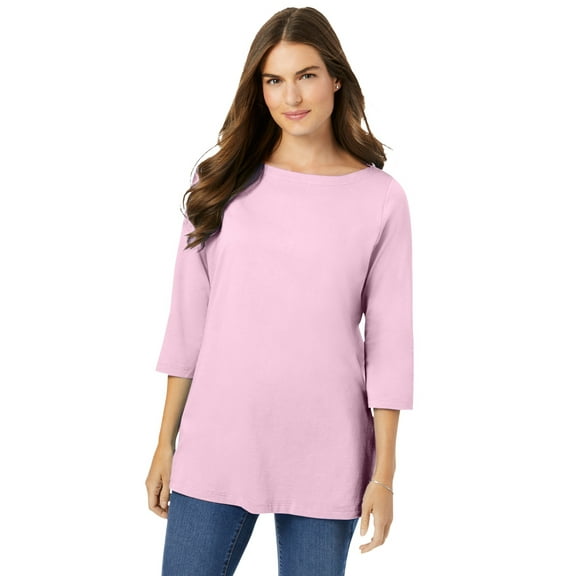 Woman Within Plus Size Perfect Three-Quarter Sleeve Boatneck Tee