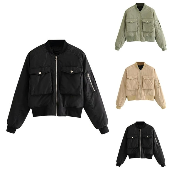 BiZtdJrK Womens Short Bomber Jacket Zip Up Long Sleeve Fashion Cropped Outerwear Casual Fall Jackets with Flap Pockets Green S