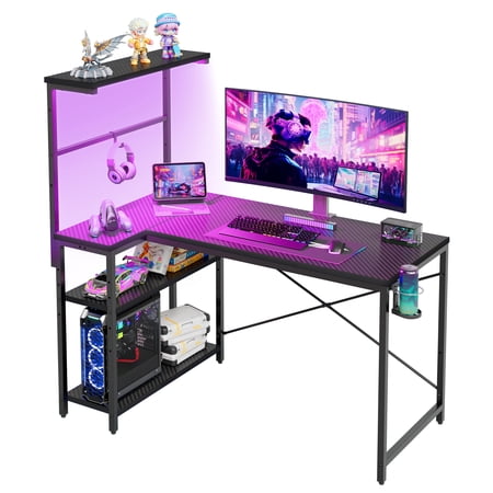 RSPGAME 41 inch Small L-Shaped Gaming Desk Home Office PC Table with LED Lights, Carbon Fiber Black
