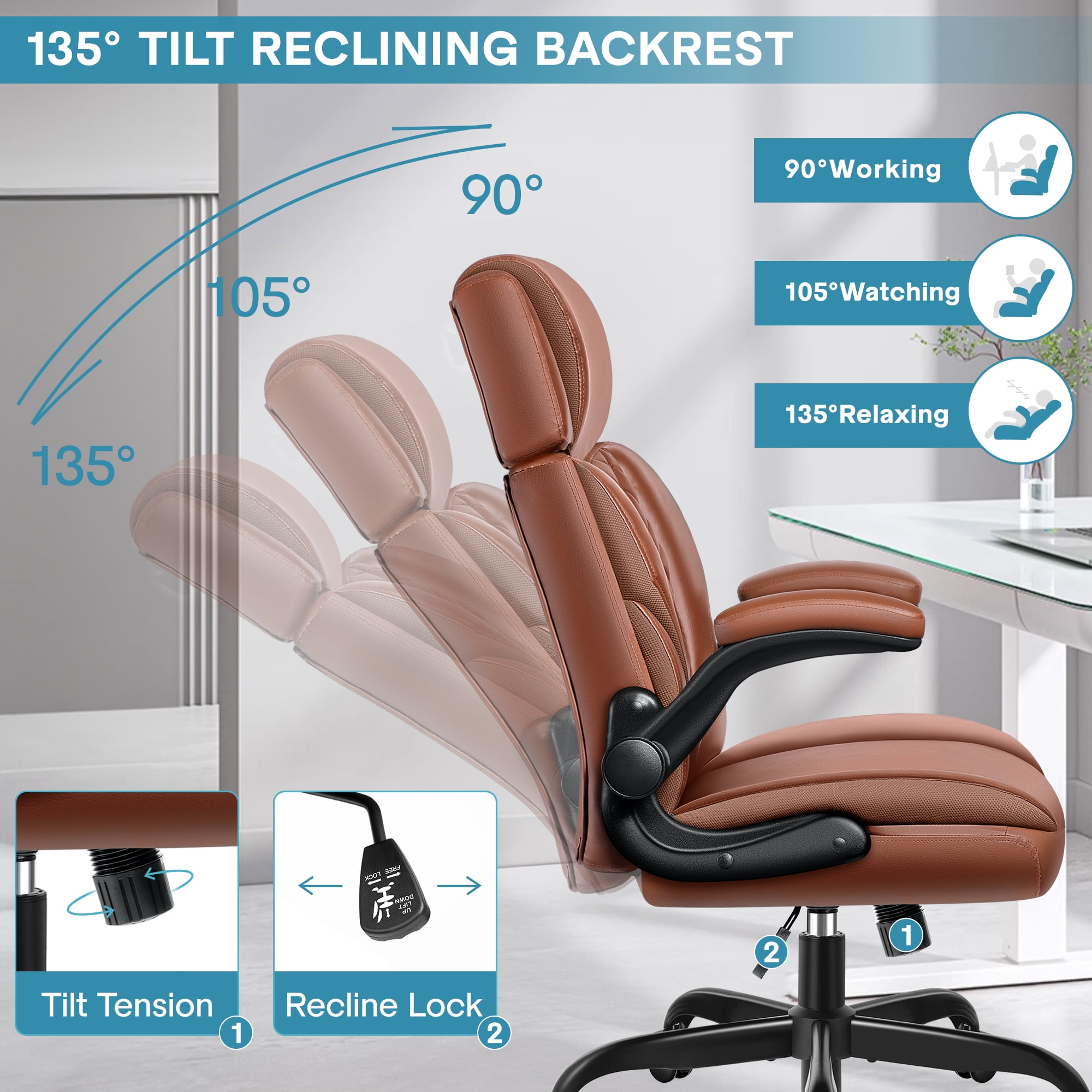 FelixKing Big and Tall  Office Chair, Leather Recliner, Adjustable Armrests on Desk Chairs , 500 LBS Weight Capacity, Adjustable Backrest/Headrest,BROWN