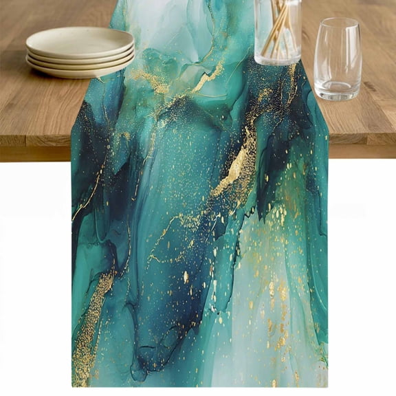 Turquoise Marble Table Runner - 72 Inch Long Ink Painting Modern Abstract Aesthetics Cotton and Linen Blended Dress Scarves Farmhouse Table Runner for Kitchen Dining, Coffee Table, 13" x 72"