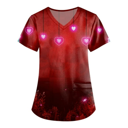 

QWERTYU Scrubs Top for Women Casual Professionals T Shirt Short Sleeve Holiday Nursing Scrubs Pockets V Neck Uniform Wine S
