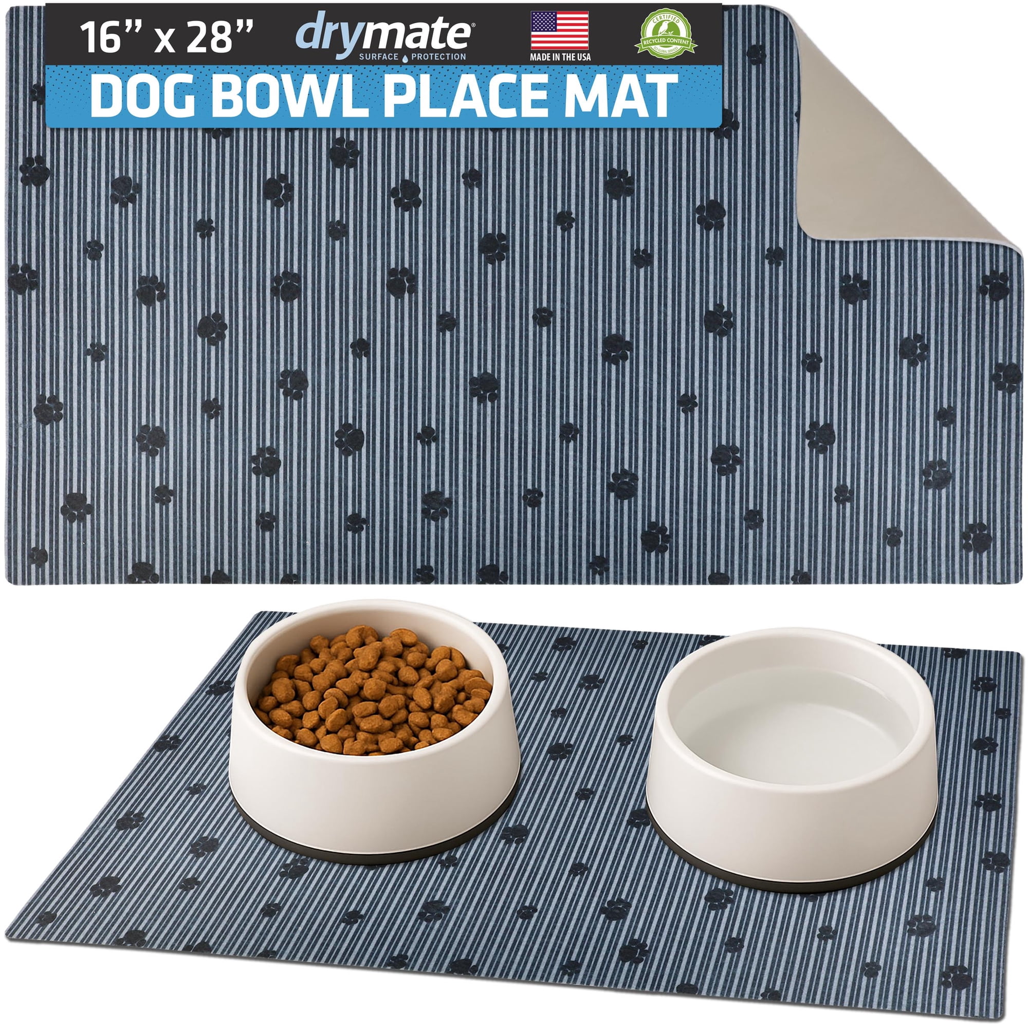 Drymate Pet Bowl Placemat, Dog & Cat Food Feeding Mat - Absorbent Fabric, Waterproof Backing, Slip-Resistant - Machine Washable/Durable (16” x 28”) (Grey Stripe Black Paw)