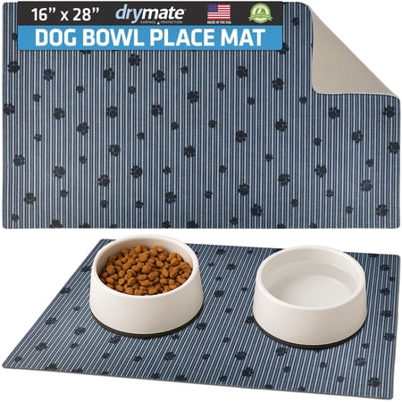 Drymate Pet Bowl Placemat, Dog & Cat Food Feeding Mat - Absorbent Fabric, Waterproof Backing, Slip-Resistant - Machine Washable/Durable (16” x 28”) (Grey Stripe Black Paw)