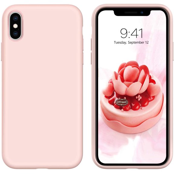 Case for iPhone X/iPhone Xs 5.8 inch Liquid Silicone Women Girls Slim Soft Gel Rubber Microfiber Cloth Lining Cushion Non-Slip Shockproof Protective Phone Case Cover, Light Pink