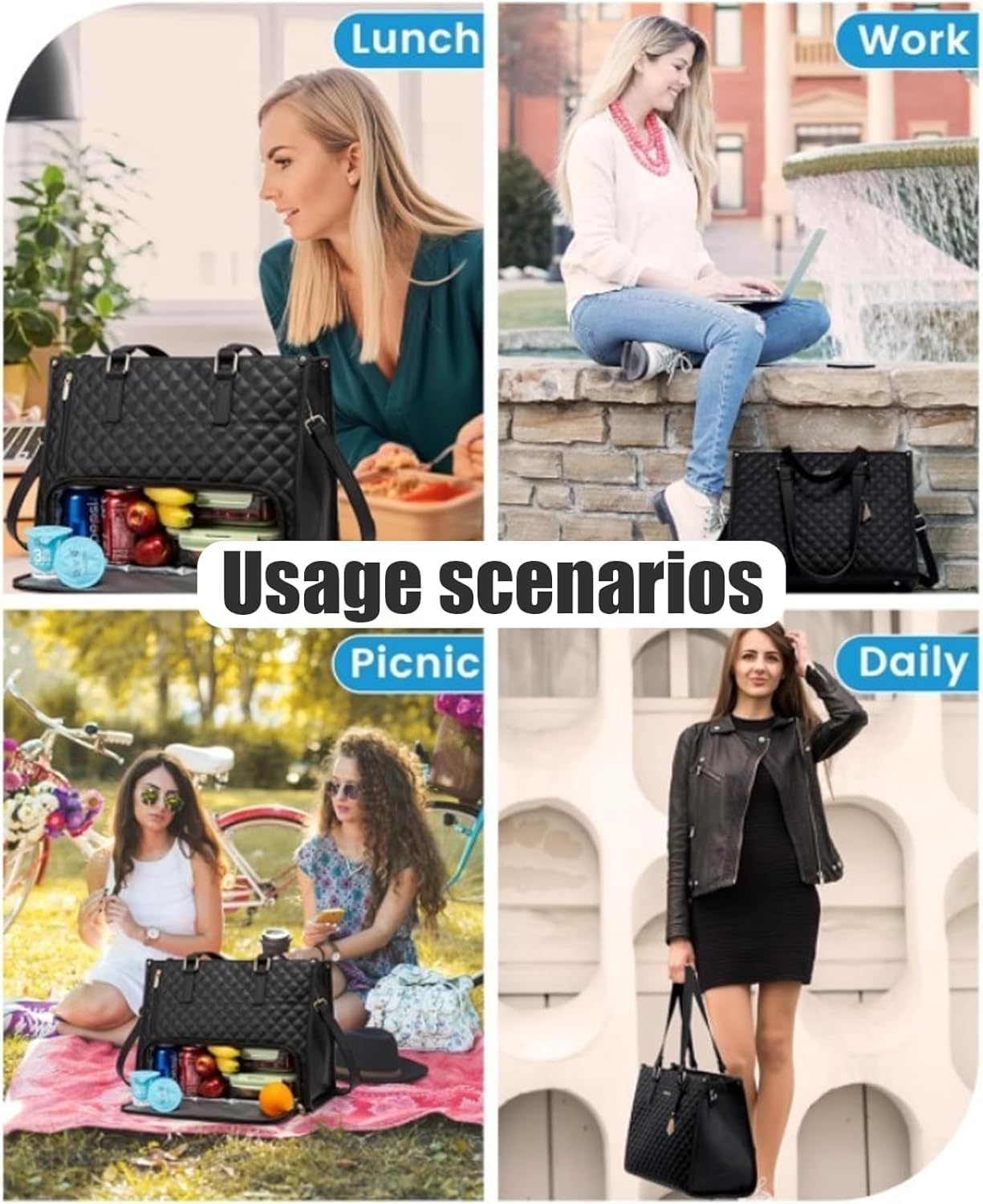 Packuumbagsco 3 In 1 Tote Bag,15.6In Office/Travel/Casual Quilted Tote Laptop Lunch Bag for Women with Compartment