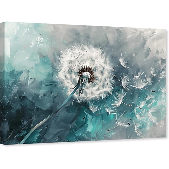 ZHONGYUTONG Dandelion Canvas Wall Art Abstract Teal Dandelion Pictures Nature Turquoise Plant Painting for Living Room Decor Framed (12.00" x 18.00")