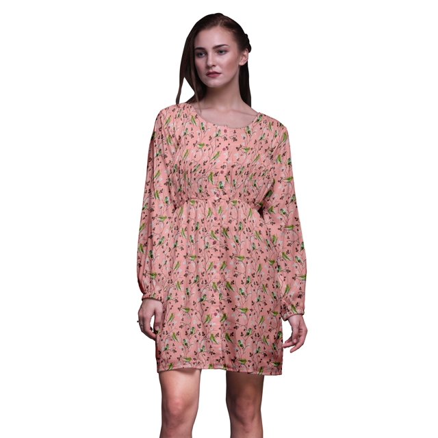 Bimba Robe Midi à Boutons Feuilles Orange & Oiseau Flowerpecker Tunique Femme Manches Longues Smockée - Grande