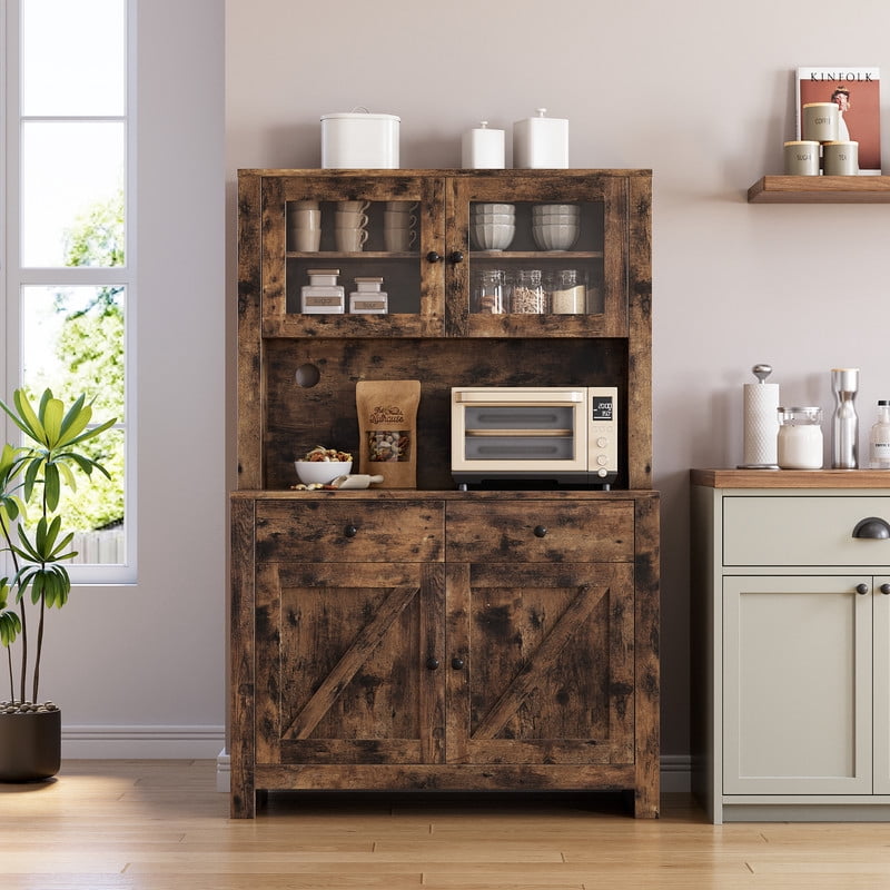 Garvee Kitchen Pantry Cabinet with Microwave Stand, Freestanding Hutch with Buffet Storage, Tall Adjustable Shelves, Brown