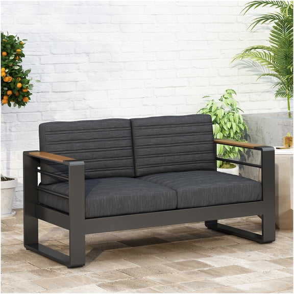 Modern Black Aluminum Loveseat for Outdoor Patio with Weather-Resistant Cushions