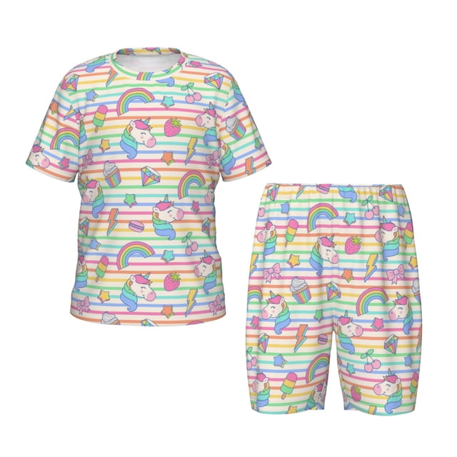 Balery Cute Unicorn Conjunto de Pijama Infantil de Manga Corta con Estampado – Ropa de Dormir de Algodón Suave-Small