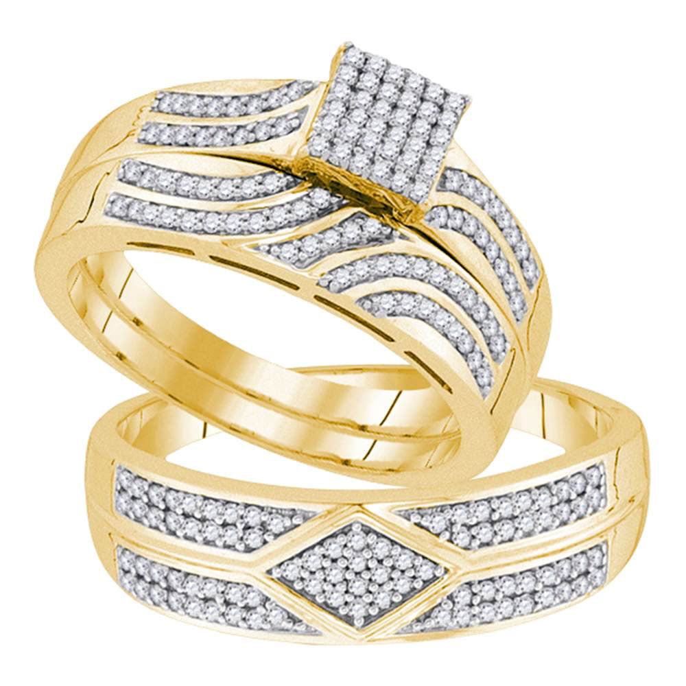 10kt Yellow Gold His & Hers Round Diamond Square Cluster Matching