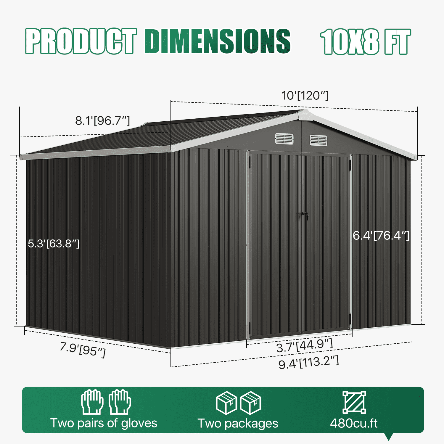 Clouddwell 10 x 8 FT Shed Outdoor Storage Shed with Double Hinged Large Door, Large Metal Shed with Lockable Door & Sloped Roof for Garden, Patio and Backyard, Black