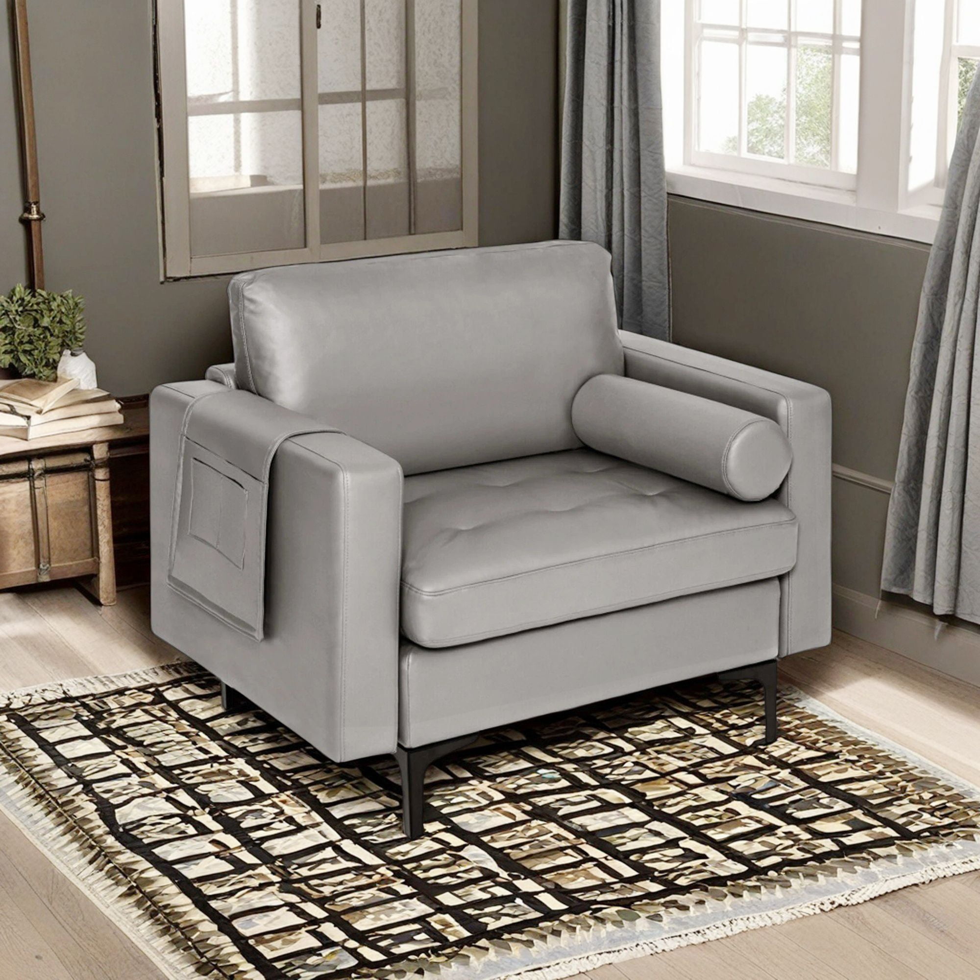 Demi Bonn Upholstered Accent Chair, Modern Accent Chair with Bolster and Side Storage Pocket, for Living Room, Bedroom, Light Gray