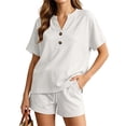 thumbnail image 2 of ZyeKqe Womens Summer Sets Button V Neck Short Sleeve Shirts Drawstring Elastic Waist Shorts Casual 2 Piece Workout Sets, 2 of 7