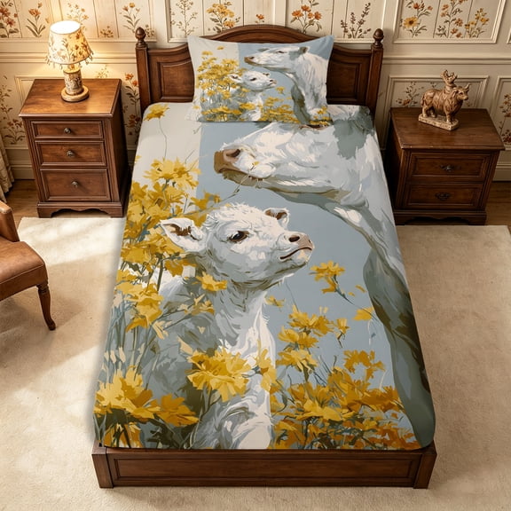 Manfei Rustic Floral Cows Twin Fitted Sheet 2 Pieces,Vintage Flowers Animal Bedding,Blue White Yellow,1 Fitted Sheet and 1 Pillowcase