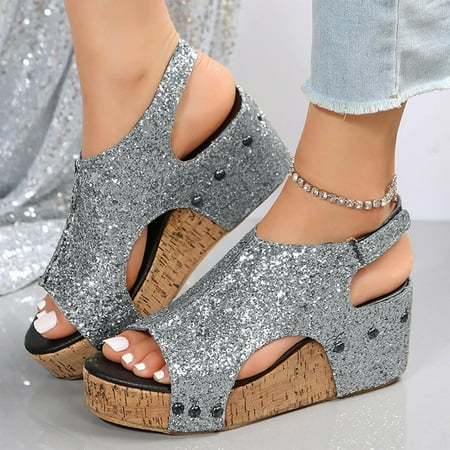 

qILAKOG Sandals Women Dressy Summer Comfortable Low Wedges Sandal Retro Walking Ankle Strap Buckle Shoes Women s Flat Shoes Trendy Sandals 5.5&Silver