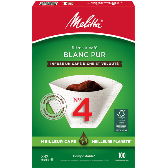 Melitta Filtres à café coniques no 4 en papier blanc, boîte de 100 filtres