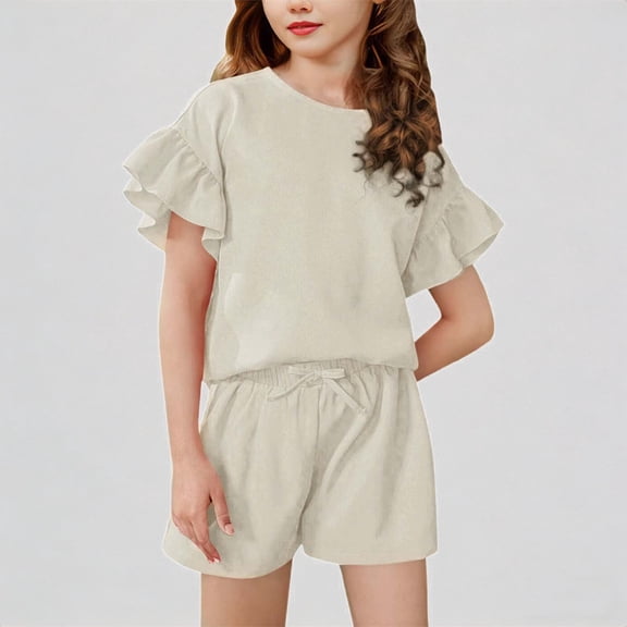 Krdevn Girls Summer Outfits 2 Piece Set Casual Round Neck Short Sleeve Top and Shorts Elastic Waist Comfortable Playwear for Toddler Kids,8-9 Years
