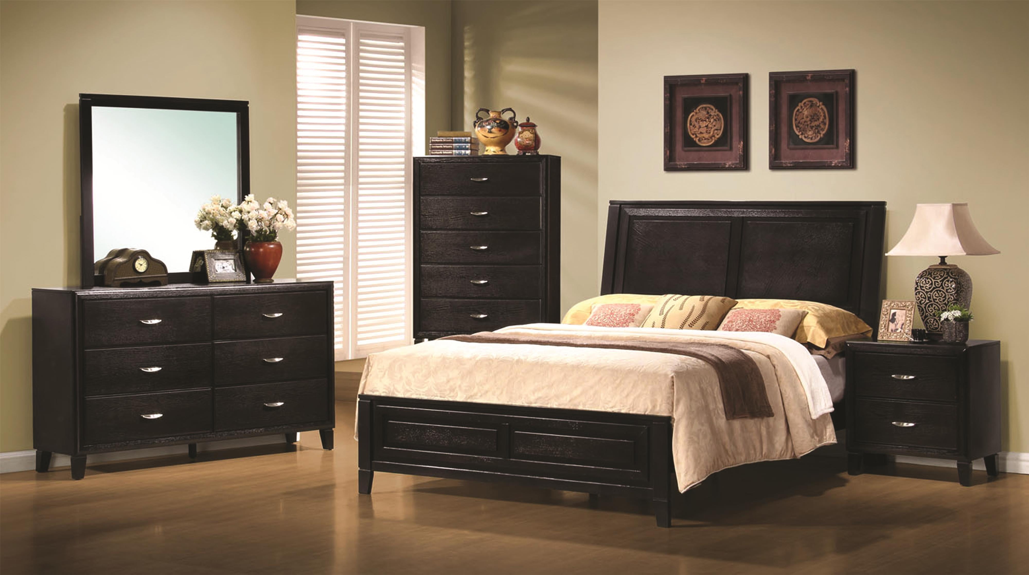 Black Stained Finish Queen Size Bed Paneled HB FB 4pc Set Bedroom